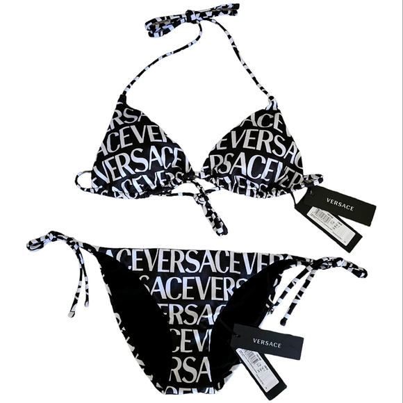 🖤 Versace Logo Print Triangle Bikini Top & Side Tie Bikini Bottom NWT - Picture 5 of 9